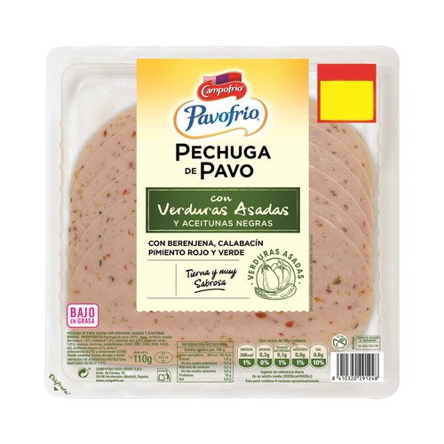 CAMPOFRÍO Pechuga de pavo con verduras asadas y aceitunas negras, cortada en finas lonchas CAMPOFRÍO Pavofrío 100 g.