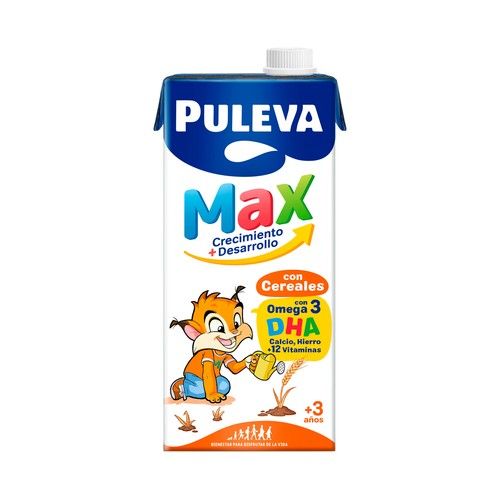 PULEVA Max crecimiento + desarrollo Bebida láctea infantil, enriquecida con cereales, calcio, hierro, 12 vitamínas y Omega 3 1 l.
