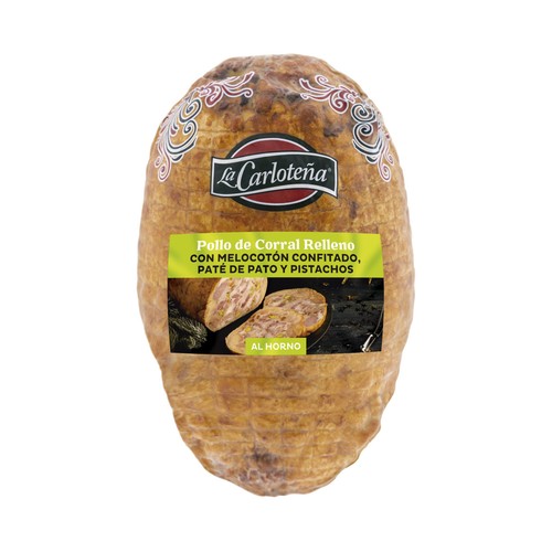 Pollo de corral al horno, relleno con melocotón confitado, páte de pato y pistachos LA CARLOTEÑA