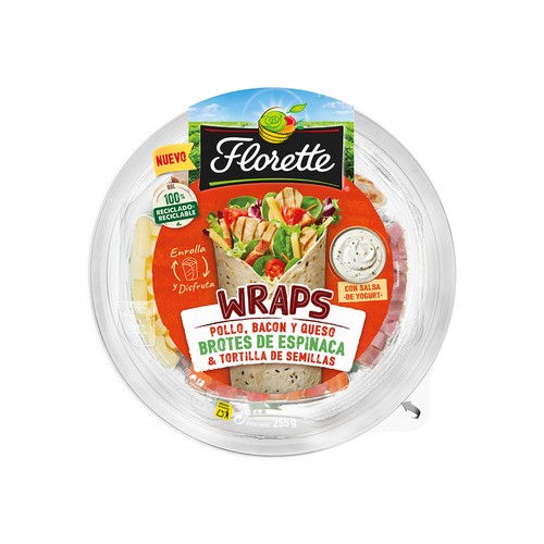 FLORETTE Wraps de brotes de espinacas con pollo, bacon y queso y tortillas de semillas 255 g.