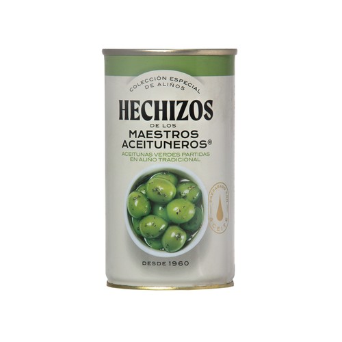 MAESTROS ACEITUNEROS Aceitunas verdes partidas MAESTROS ACEOTUNEROS Hechizos 185 g.