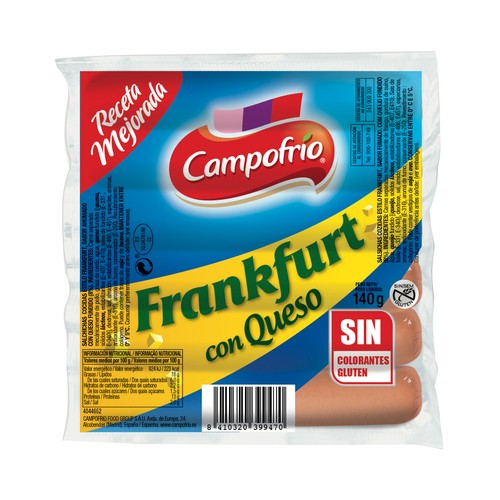 CAMPOFRÍO Salchichas cocidas tipo Frankfurt con queso 140 g.