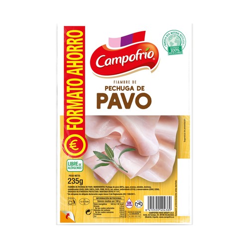CAMPOFRÍO Fiambre de pechuga de pavo cortado en lonchas 235 g.