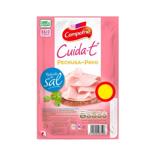 CAMPOFRÍO Pechuga de pavo reducida en sal y cortada en finas lonchas CAMPOFRÍO Cuida-t+ 65 g.