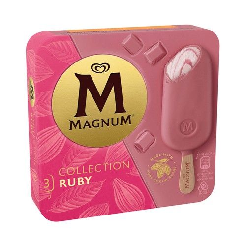 Bombón helado de chocolate blanco, cubierto con chocolate rosa MAGNUM Collection ruby 3 x 90 ml.