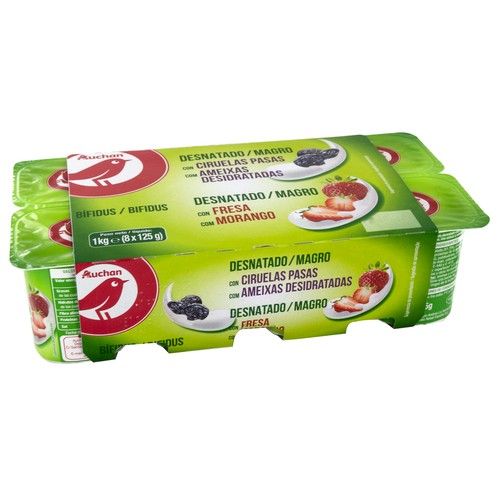AUCHAN Bifidus desnatado con trocitos de fresas y ciruelas pasas 8 x 125 g. Producto Alcampo
