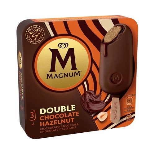 Bombón helado sabor avellana y chocolate con salsa de chocolate, avellana y chocolate con leche MAGNUM Double 3 x 8 ml.