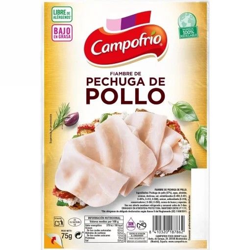 Fiambre de pechuga de pollo en lonchas Campofrío sin gluten y sin lactosa 75 g