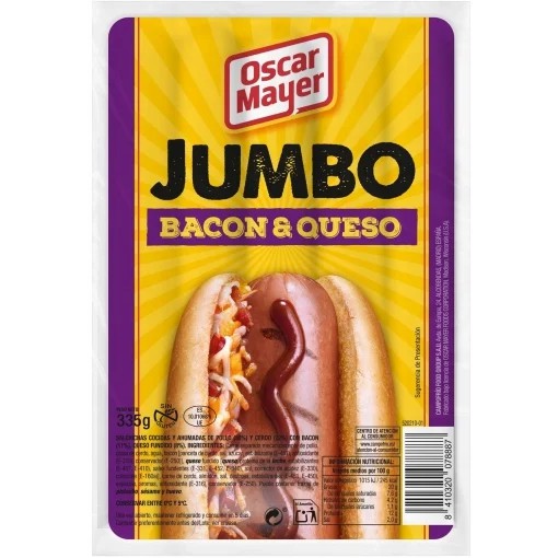 Salchichas Jumbo de queso con bacon Oscar Mayer sin gluten 335 g.
