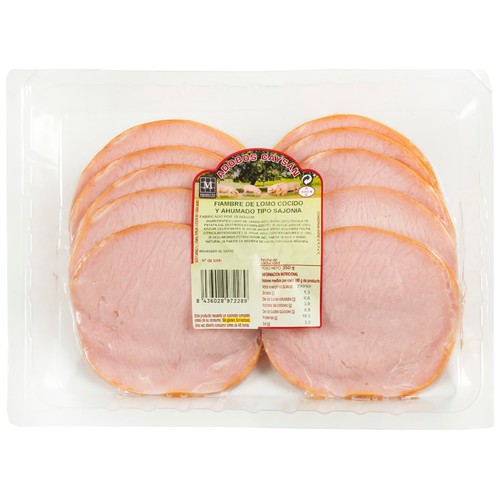 Fiambre de lomo de cerdo cocido y ahumado tipo Sajonia, cortado en lonchas CAYSAN 350 g.