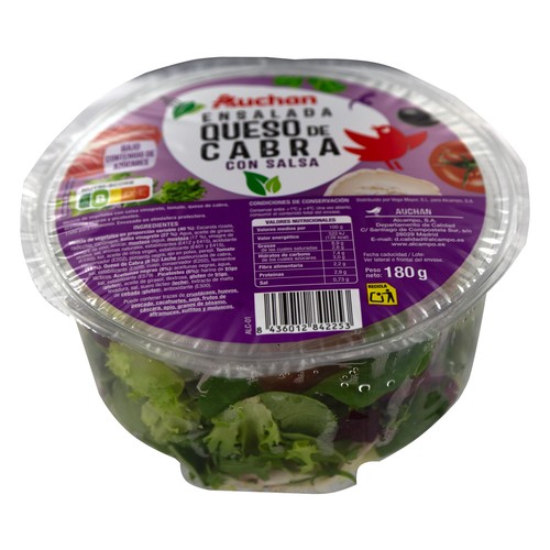 AUCHAN Ensalada queso de cabra con vinagreta, tomate, picatostes y aceitunas negras 180 g. Producto Alcampo
