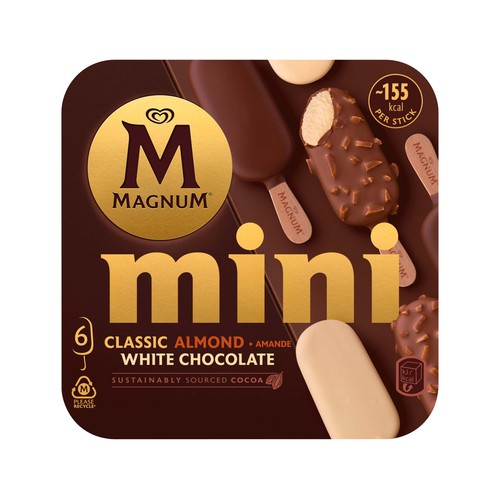 MAGNUM Mini bombón helado de vainilla con coberturas surtidas mini de frigo 6 x 55 ml.