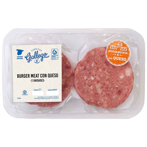 Bandeja con burger meat mixta (vacuno - cerdo) con queso GALLEGO 2 x 115 g.