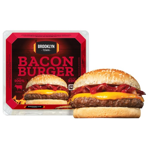 BROOKLYN TOWN Hamburguesa (100% carne de vacuno) con bacon, lista para calentar y comer 220 g.