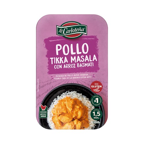 LA CARLOTEÑA Pollo tikka masala con arroz basmati, listo para calentar y comer 300 g.