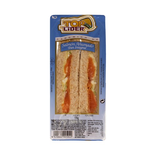 Sandwich de pan integral con Salmón ahumado, huevo cocido y lechuga TOP LIDER 170 g.