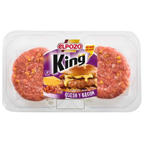 Bandeja con burger meat mixta (vacuno - cerdo) con queso y bacon EL POZO King 2 x 120 g.