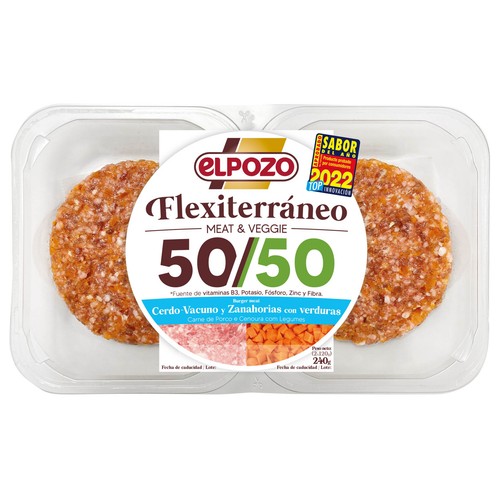 Bandeja de burger meat mixta (cerdo-vacuno) con zanahorias y verduras EL POZO Flexiterráneo 2 x 120 g.