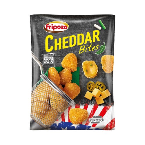 FRIPOZO Bolitas de queso cheddar ligeramente picante, empanadas con una mezcla de panes de maíz, trigo y arroz 250 g.
