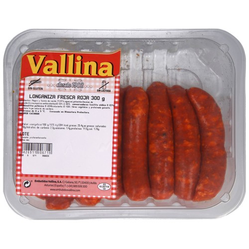 Bandeja de longaniza roja fresca, elaborada sin gluten y sin lactosa VALLINA
