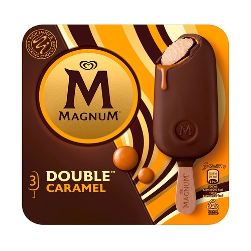 MAGNUM Helado de vainilla con salsa de caramelo recubierto de chocolate 3 x 85 ml.