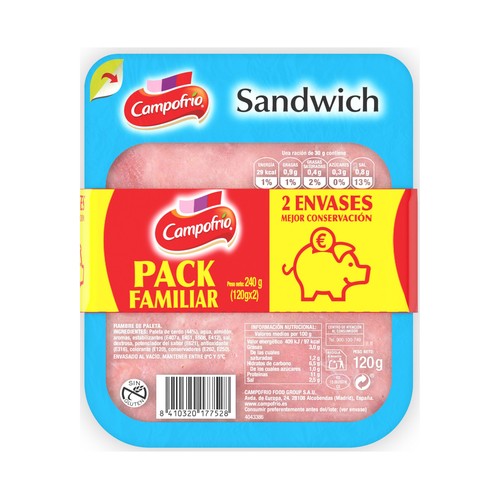 CAMPOFRÍO Fiambre de paleta de cerdo, elaborada sin gluten y cortado en lonchas para sandwich CAMPOFRÍO 2 x 120 g.