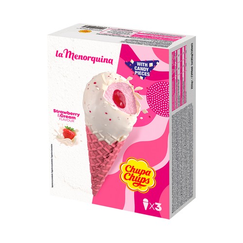 LA MENORQUINA Chupa chups conos de helado de crema de fresa con trocitos de caramelo 3 x 120 ml.