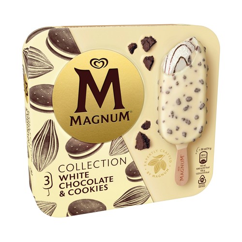 MAGNUM Bombón helado de chocolate blanco con trocitos de cookies collection 3 x 90 ml.