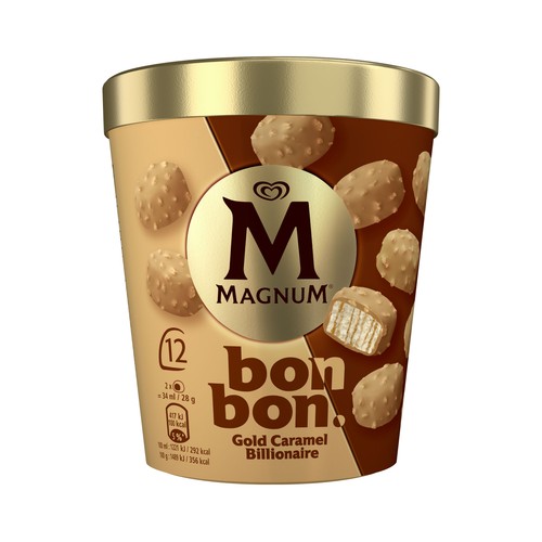 MAGNUM Bombon de Frigo Bombones de helado de vainilla, salsa caramelo salado, recubiertos chocolate blanco 12 uds.