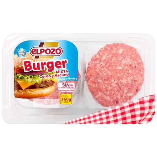 Bandeja con burger meat mixta (cerdo y vacuno) elaboradas sin gluten y sin lactosa EL POZO 4 x 90 g.