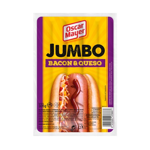 OSCAR MAYER Salchichas cocidas con bacon y queso y sabor ahumado OSCAR MAYER Jumbo 335 g.