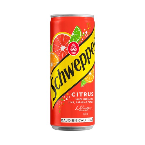 SCHWEPPES Refresco Citrus, sabor mandarina, lima, naranja y pomelo lata 33 cl.