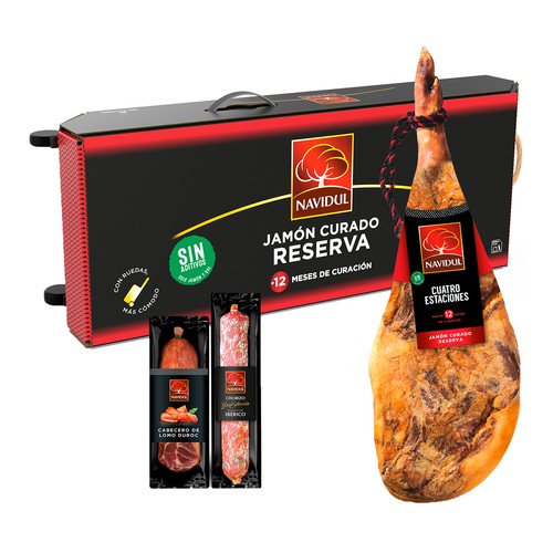 NAVIDUL Lote de jamón curado reserva, chorizo ibérico 225 g y cabecero de lomo duroc 350 g.