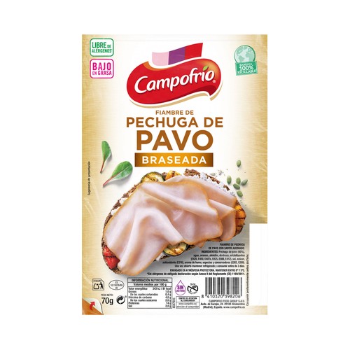 CAMPOFRÍO Fiambre de pechuga de pavo con sabor ahumado, cortada en lonchas 70 g.