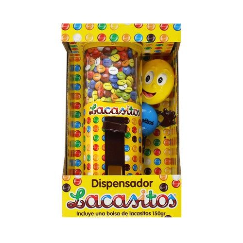 LACASITOS Dispensador de lacasitos con una bolsa de grageas de colores y chocolate 190 g.