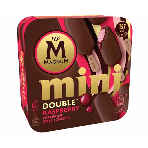 MAGNUM Mini bombón helado con doble capa crujiente chocolate y relleno de helado y salsa de frambuesa 6 x 60 ml.