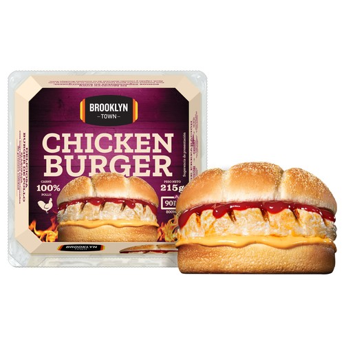 Hamburguesa de pollo (100% carne de pollo), lista para calentar y comer BROOKLYN TOWN 215 g.