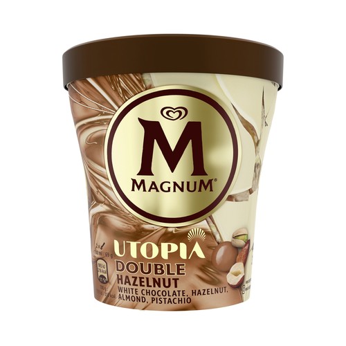 MAGNUM Utopia doble hazelnut de Frigo Tarrina helado de avellana, almendra y caramelo recubierto de chocolate blanco 440 ml.