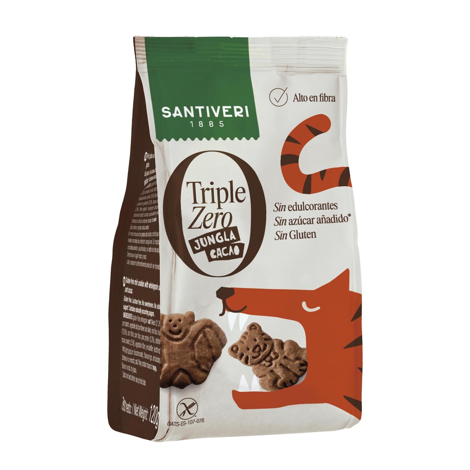 Galletas al cacao Jungla Triple Zero Santiveri sin gluten, sin lactosa y sin azúcar añadido 120 g.