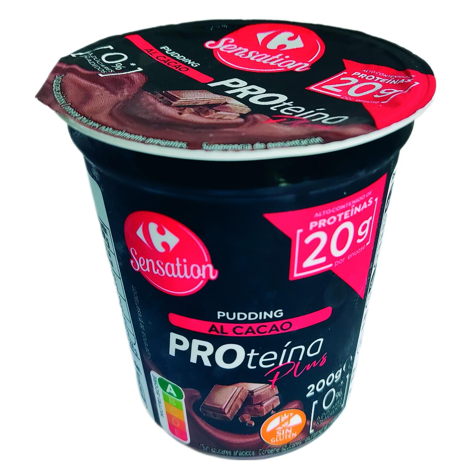 Postre lácteo al cacao Proteína Plus Sensation Carrefour sin gluten y sin azúcar añadido 200 g.