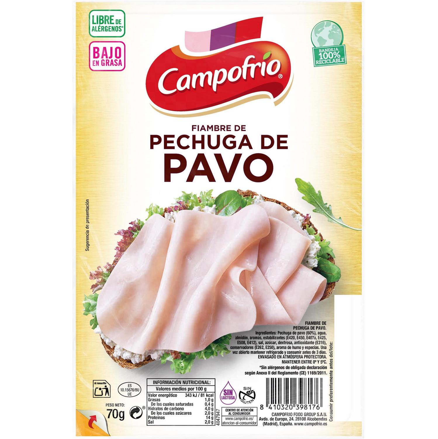 Fiambre de pechuga de pavo en lonchas Campofrío sin gluten y sin lactosa 70 g.