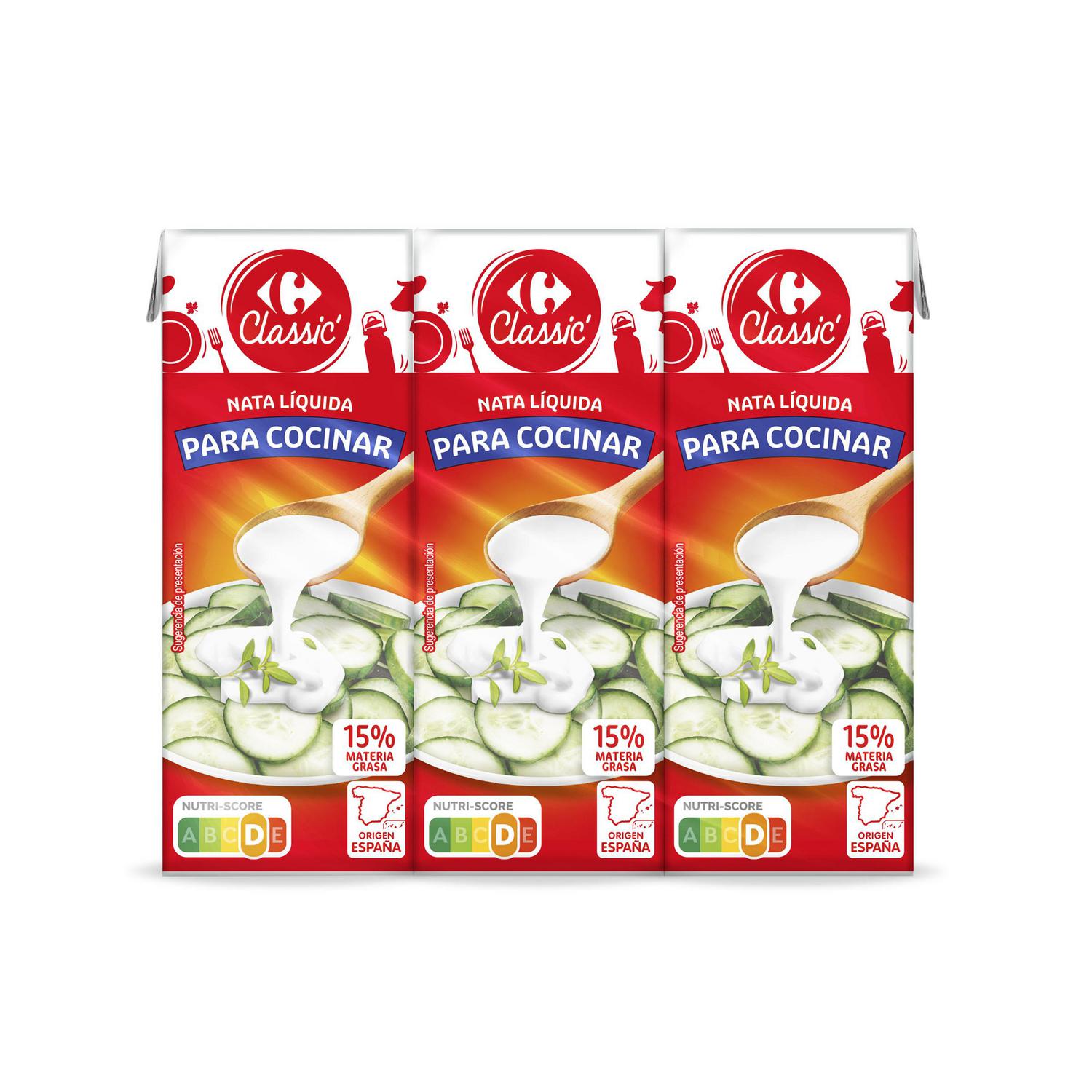 Nata liquida para cocinar Carrefour pack de 3 unidades de 200 ml.