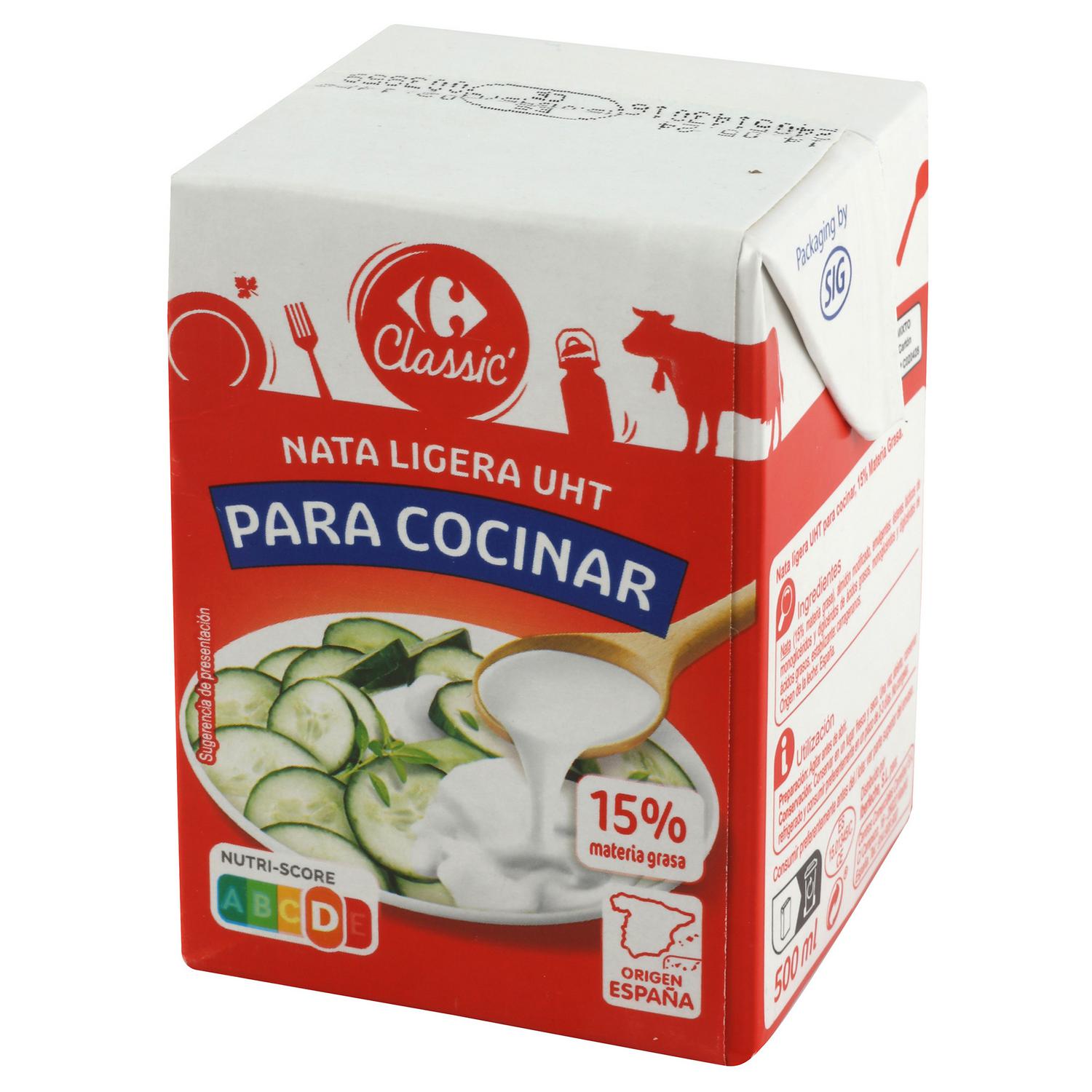 Nata para cocinar ligera 15% materia grasa Classic´ Carrefour 500 ml.