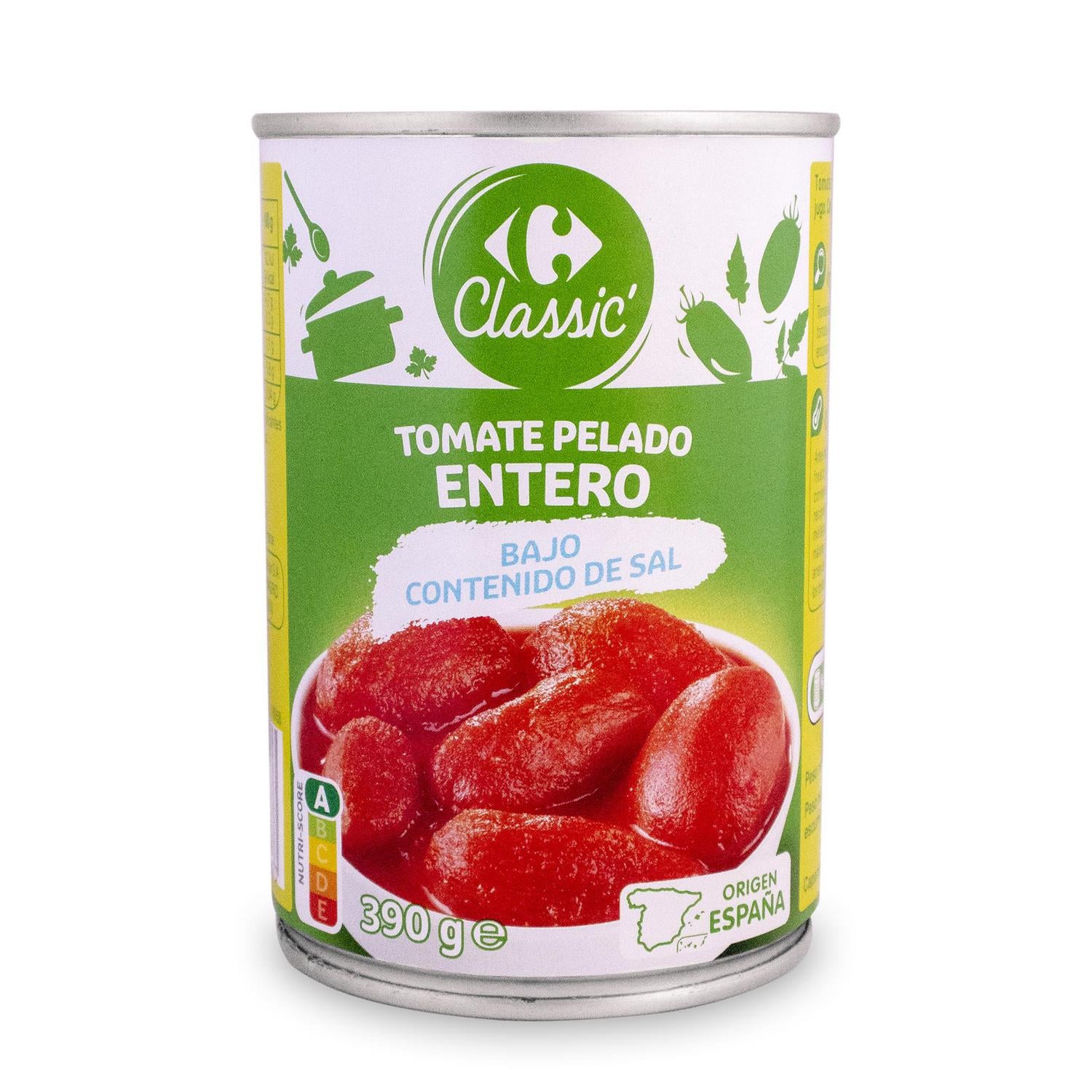 Tomate entero pelado bajo contenido en sal Classic Carrefour 240 g.