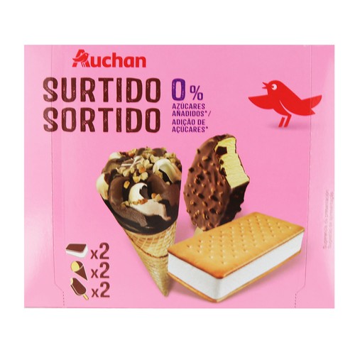 AUCHAN Caja con 3 tipos de helados diferentes, todos ellos sin azucares añadidos 6 uds. Producto Alcampo