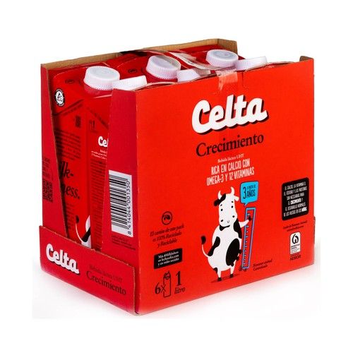 Leche semidesnatada de crecimiento, enriquecida con calcio, Omega 3 y 12 vitaminas, a paritr de 3 años CELTA Crecimiento 6 x 1 l.