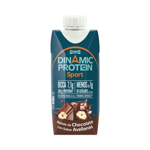 PASCUAL Dinamic protein sport Bebida de chocolate con sabor a avellanas y alto contenido en proteínas (30 g.) 330 ml.