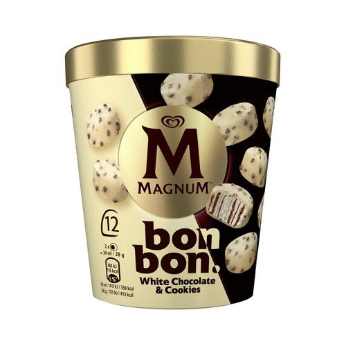 MAGNUM Bombon de Frigo Bombones helados de nata con salsa de cacao con galleta, recubiertos chocolate blanco 12 uds.